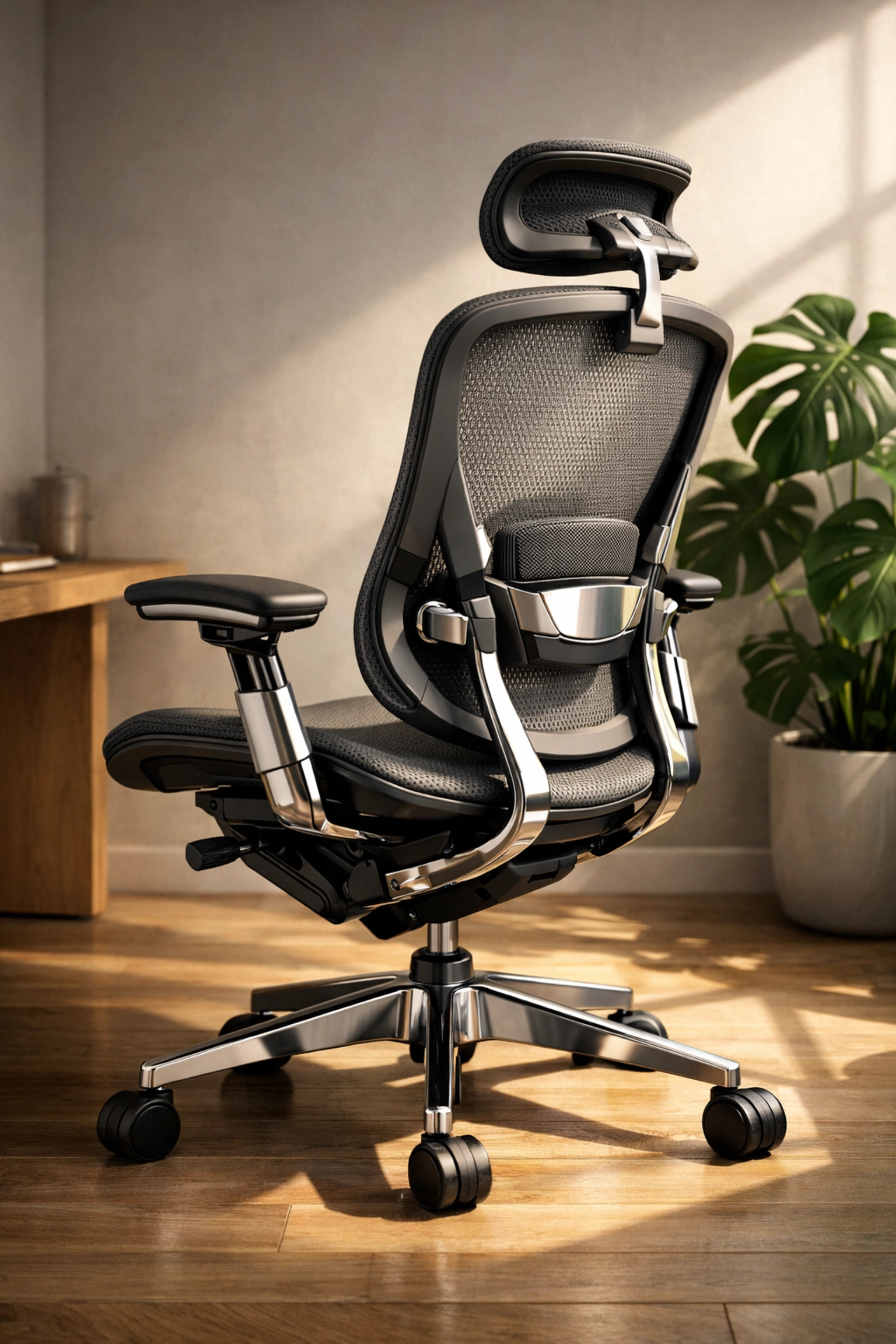Grey ergonomic desk chair with lumbar support to maintain natural spine curvature.