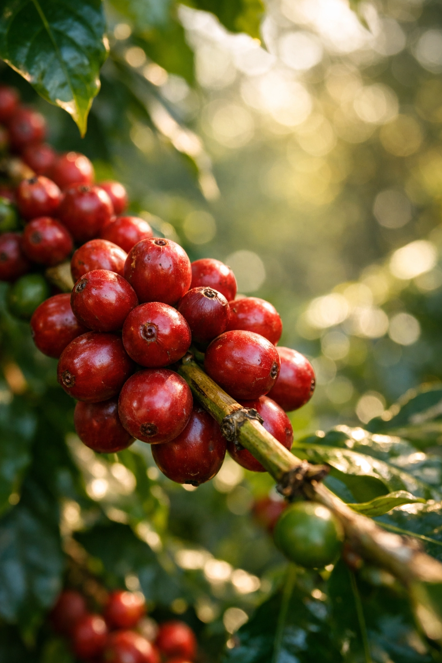 Close-up of ripe red speciality coffee cherries on a lush branch at a high-altitude farm.