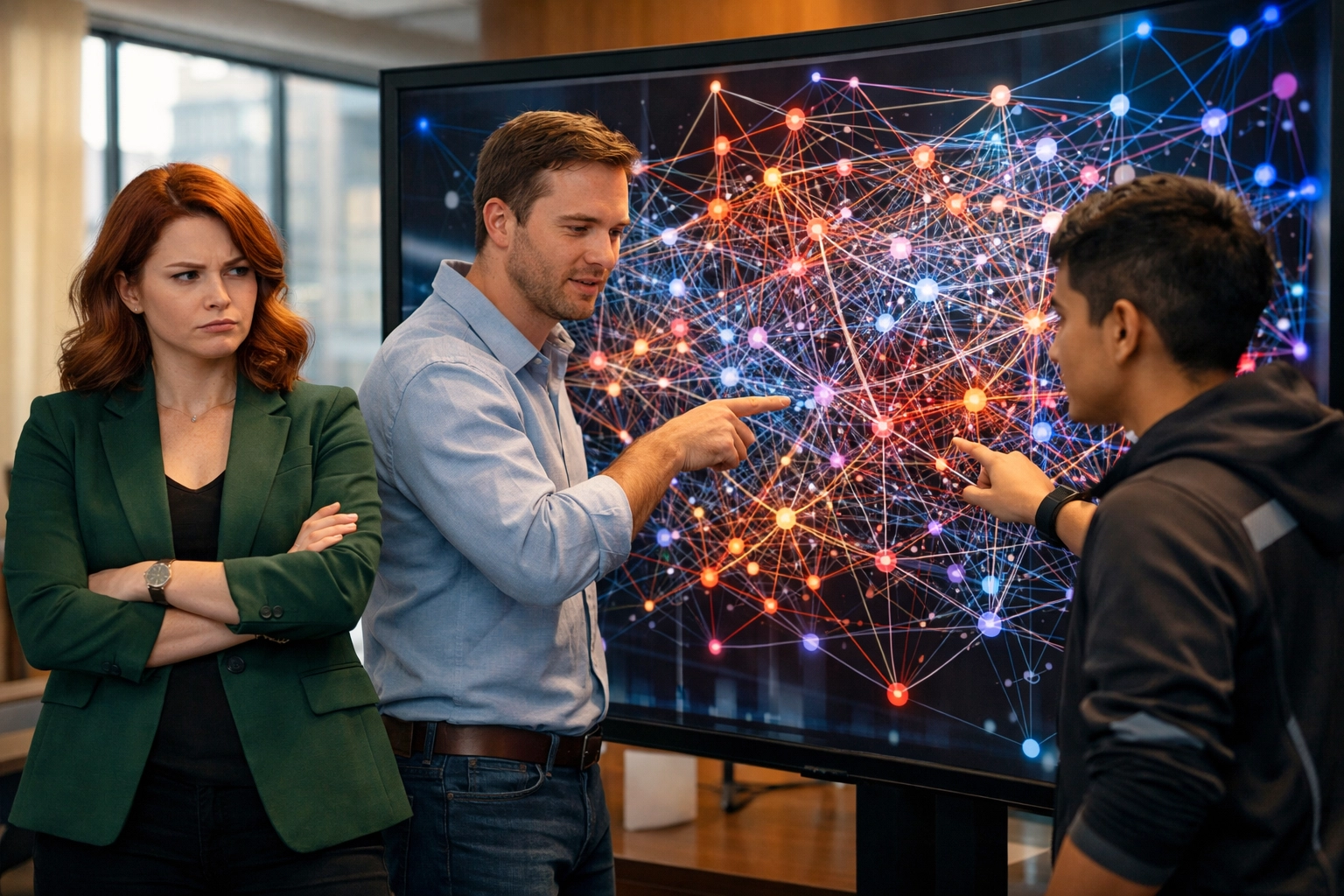 AI governance professionals examining tangled agent dependency graph on display screen