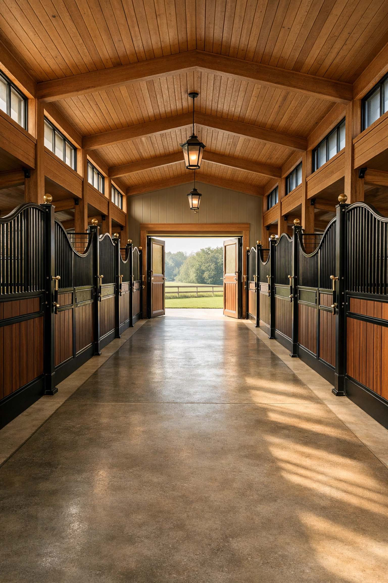 Luxury stable interior with wide center aisle and natural light in Charlotte equestrian property