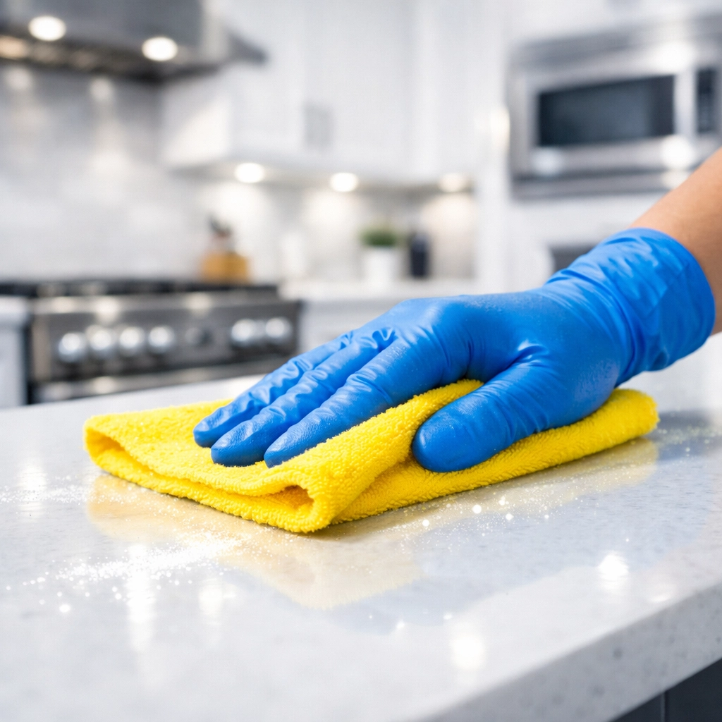 Professional cleaner sanitizing a white quartz kitchen countertop for a last-minute house clean.