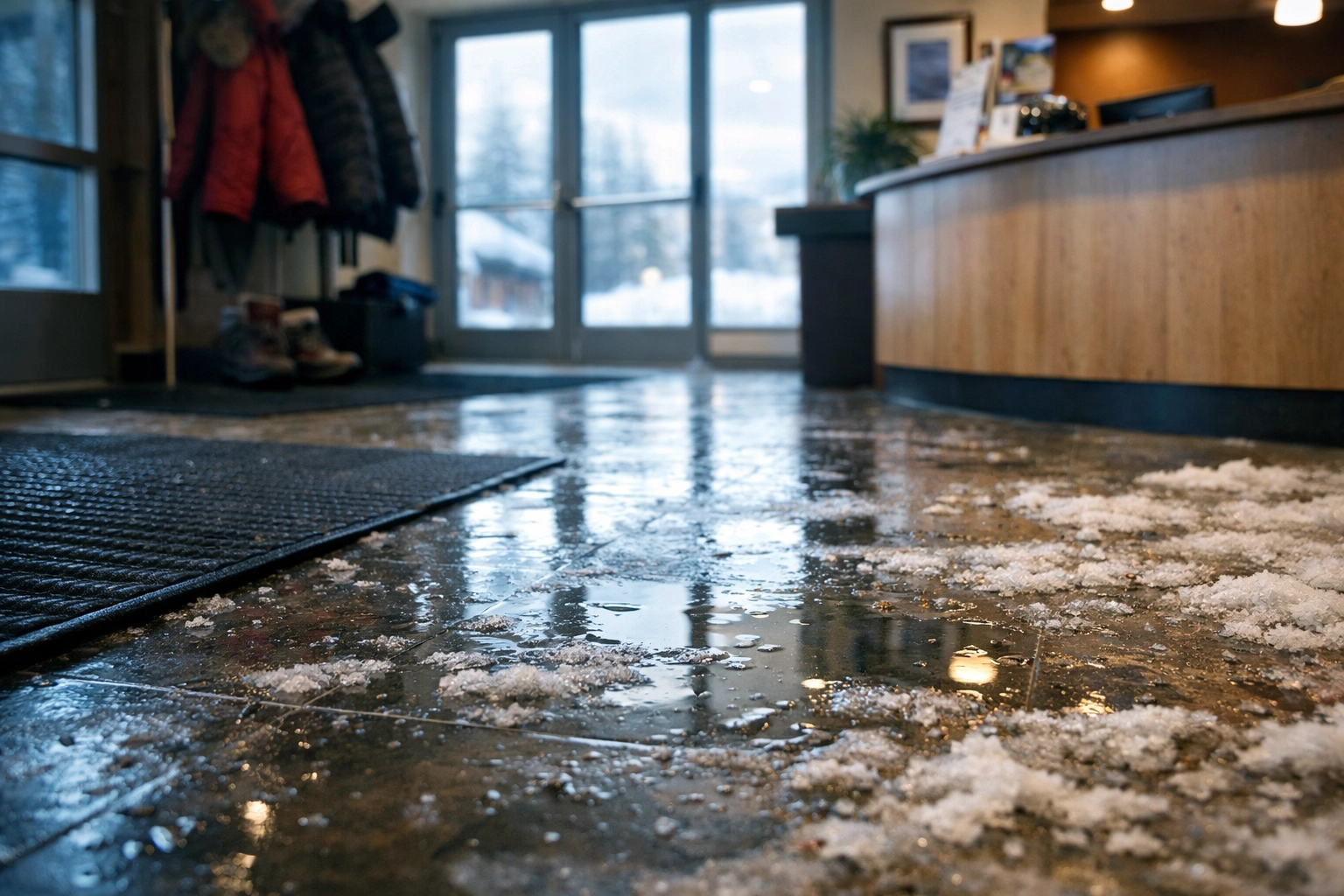 Wet business entryway with tracked-in snow creating slip and fall hazard in Alaska