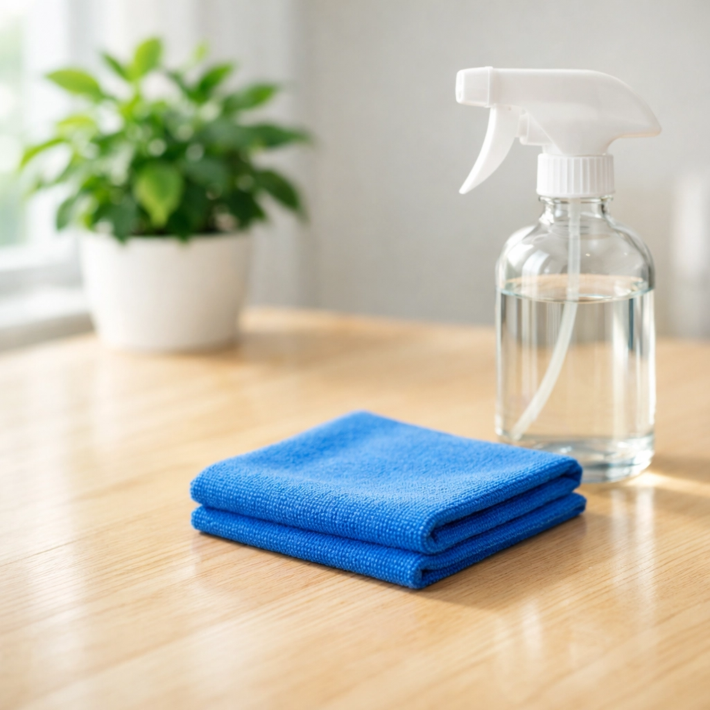 Eco-friendly cleaning products on a sanitized wood surface in a healthy Lincoln family home.