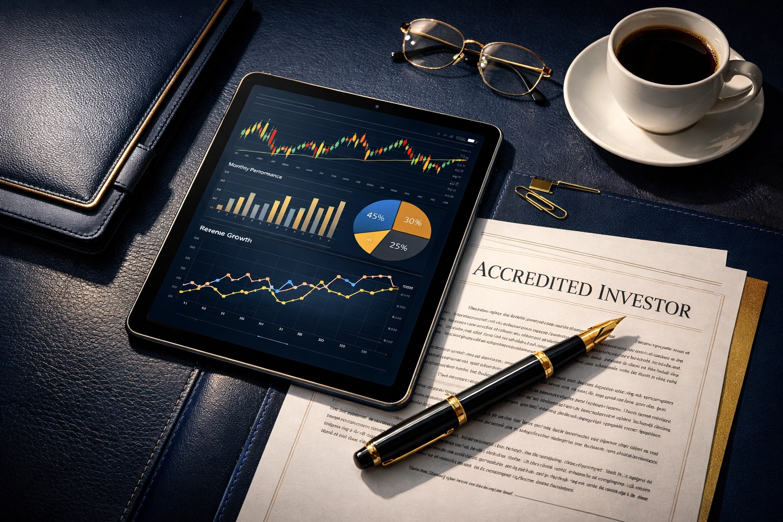 Accredited investor documents and financial charts on desk showing qualification requirements