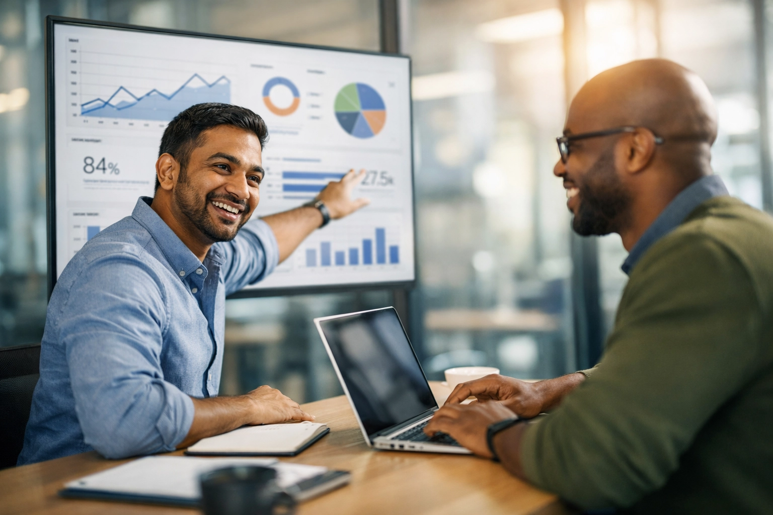 IT consultants analyzing a ServiceNow performance dashboard for business ROI.