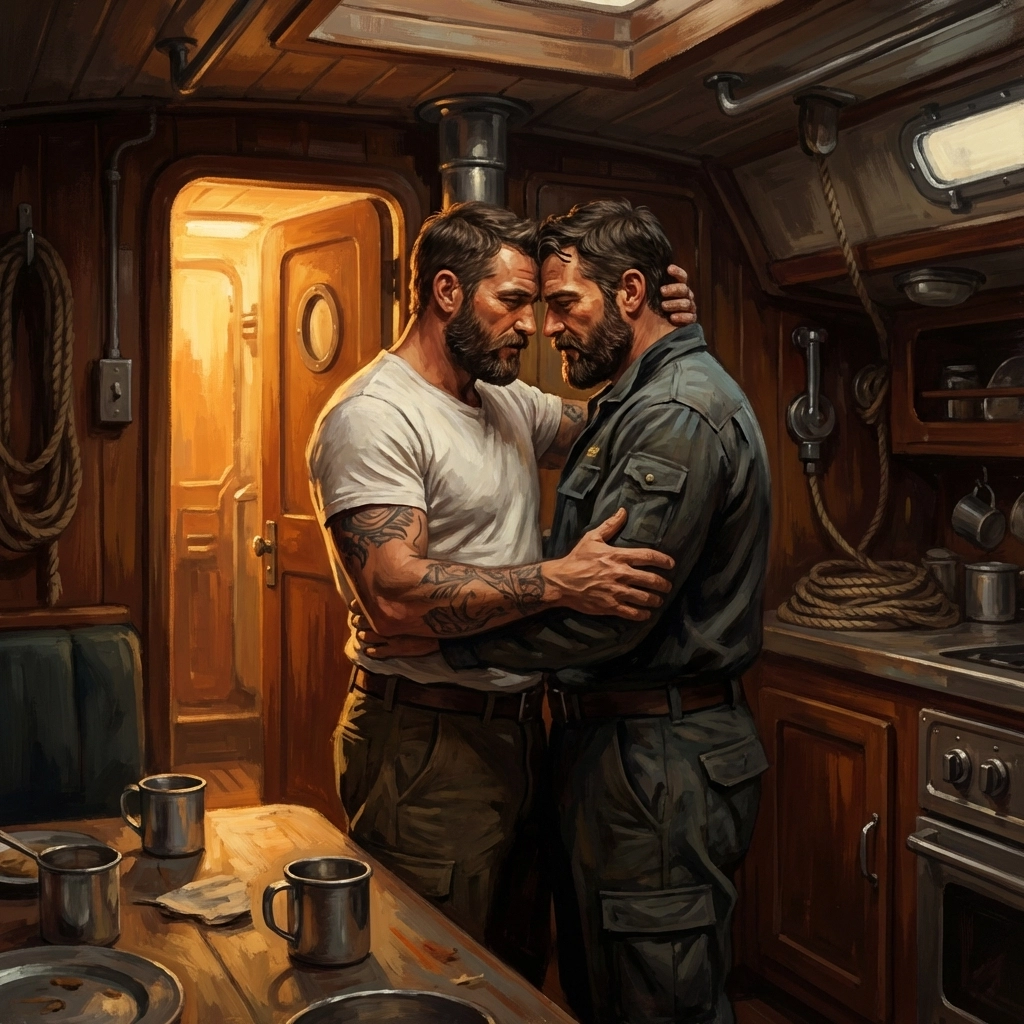 Two men embracing in a ship's galley, illustrating a romantic scene from a popular MM romance novel.