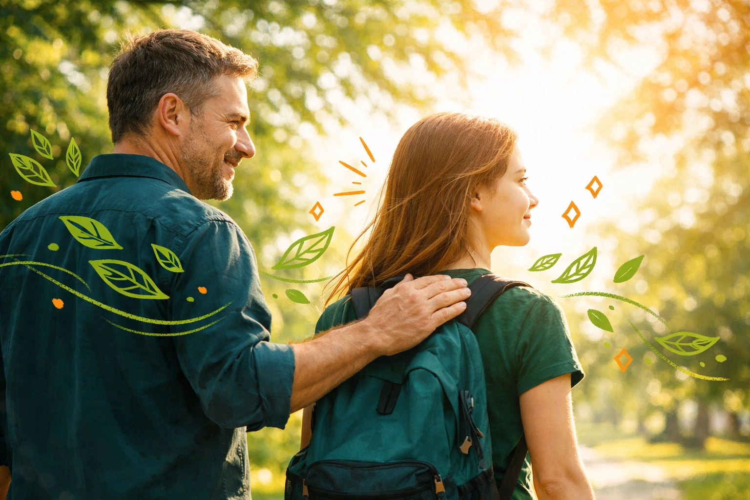 A father supportively guiding his daughter toward independence, shifting from a manager to a consultant role.