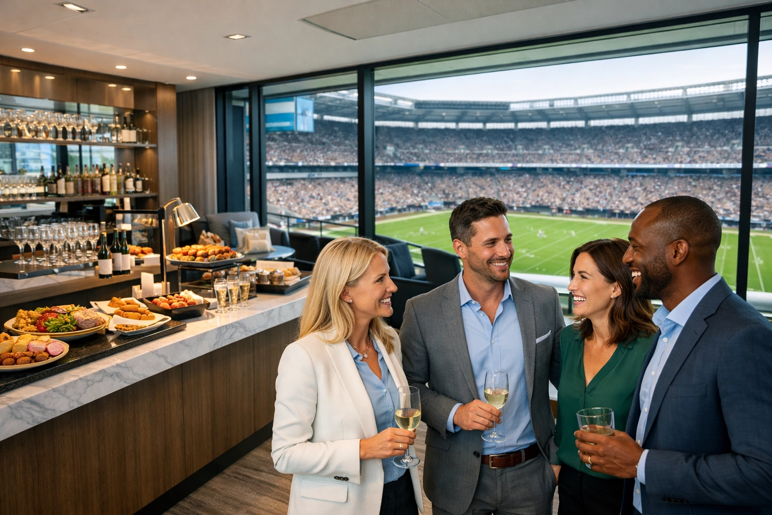 PRESS RELEASE: 7 Mistakes You’re Making with Super Bowl Corporate Hospitality (and How to Fix Them Before Kickoff) Executives networking in a luxury corporate hospitality suite overlooking the football field for ROI.