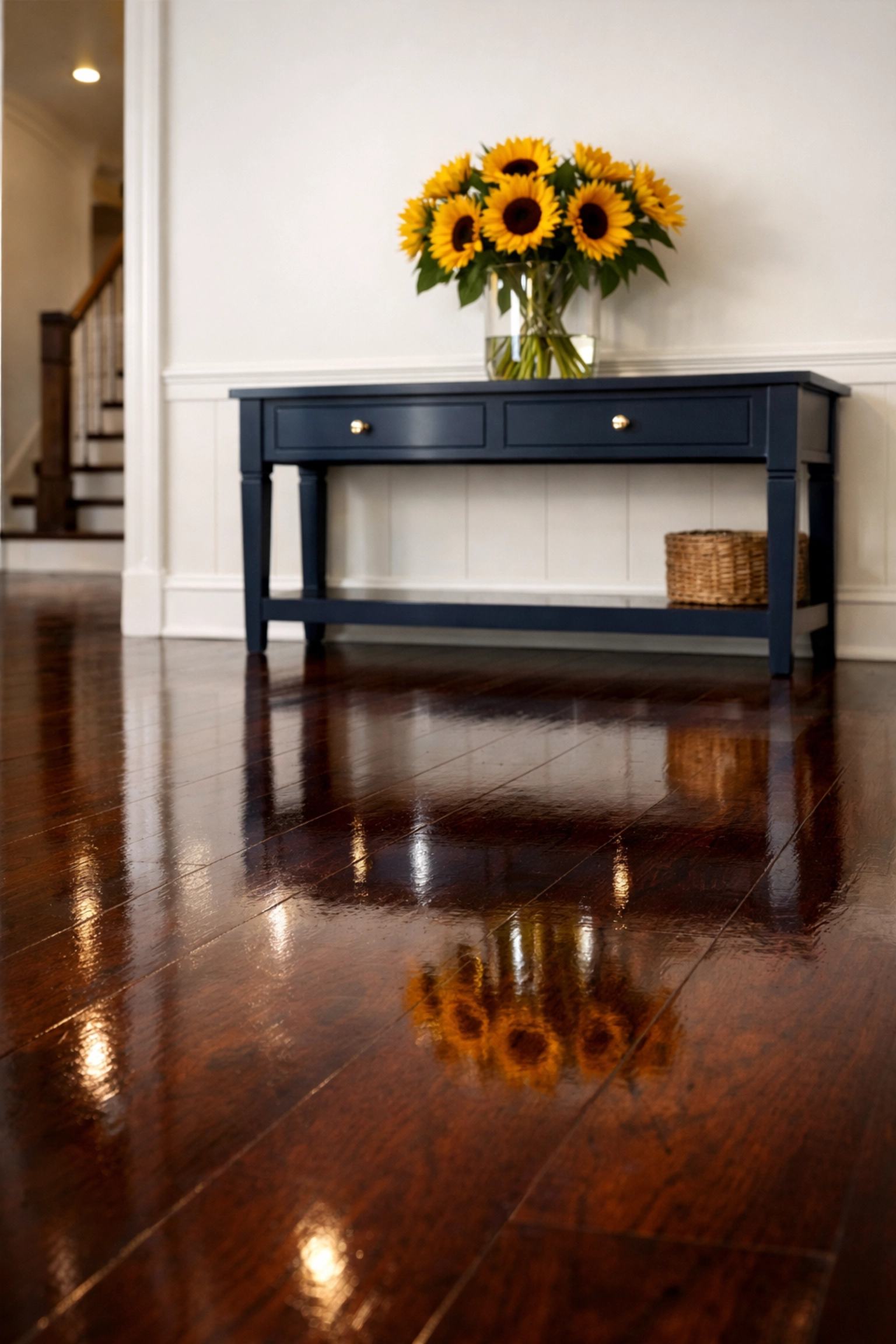 Polished mahogany floors in a clean Hadley entryway with professional cleaning results.