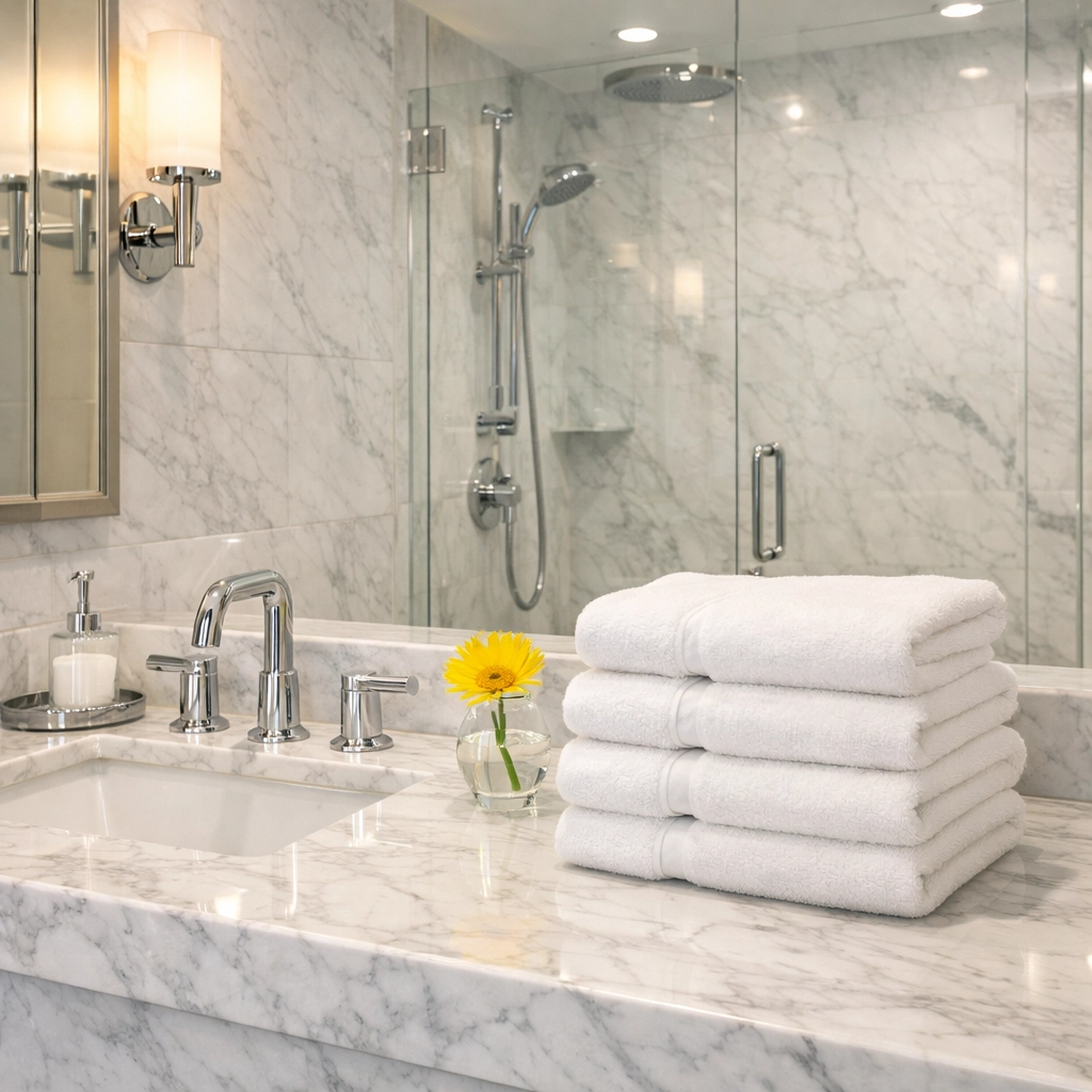 Detailed luxury house cleaning in Hamilton showcasing a sparkling marble bathroom with polished chrome fixtures.