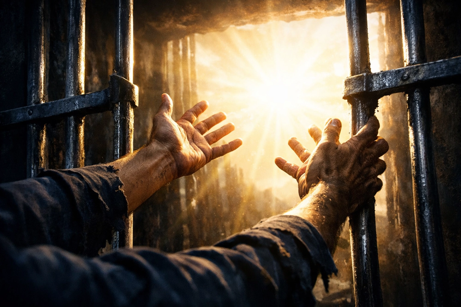 Hands reaching through prison bars toward sunlight symbolizing freedom and redemption through amnesty