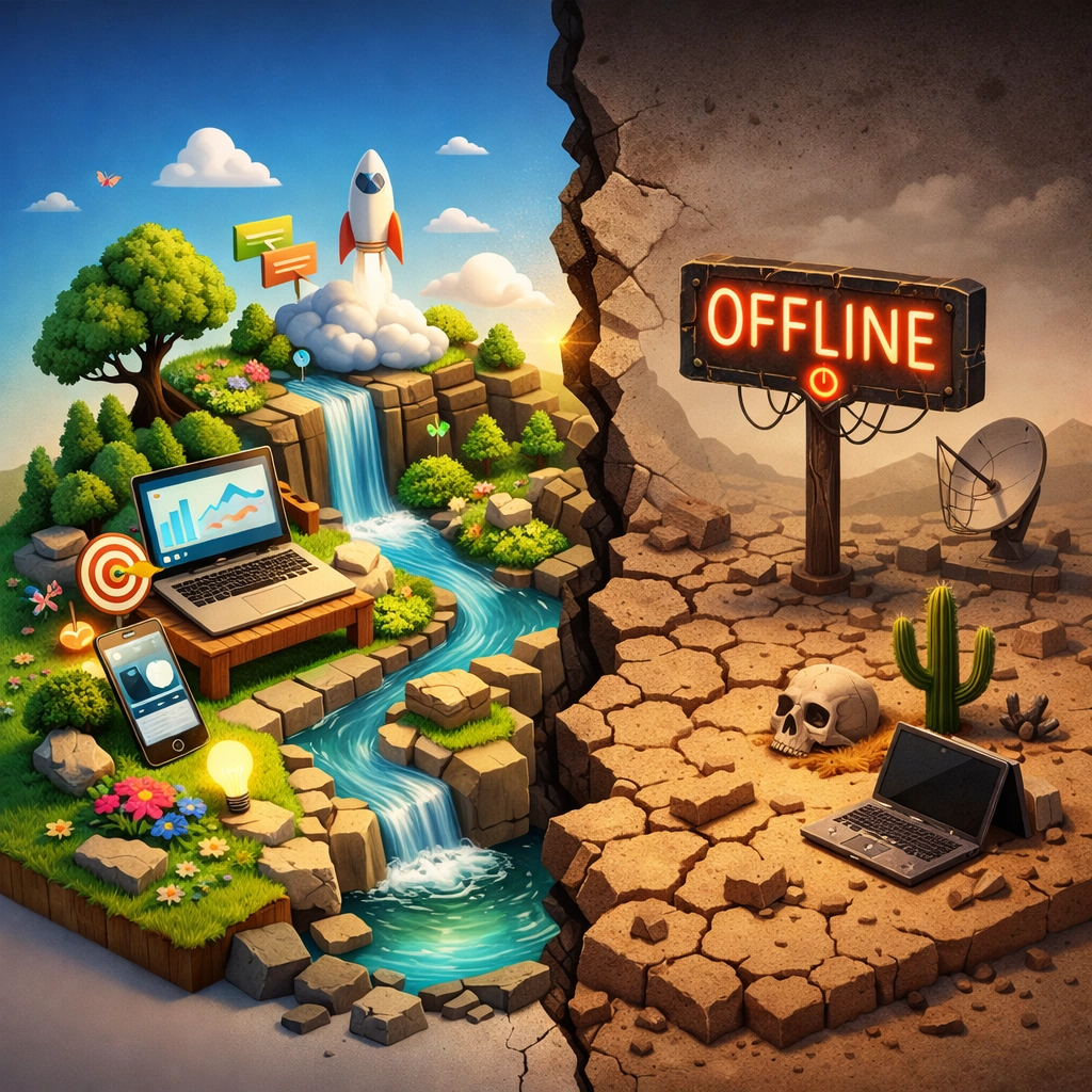 A landscape shifting from a lush garden to a barren desert, depicting the boom and bust of inconsistent branding.