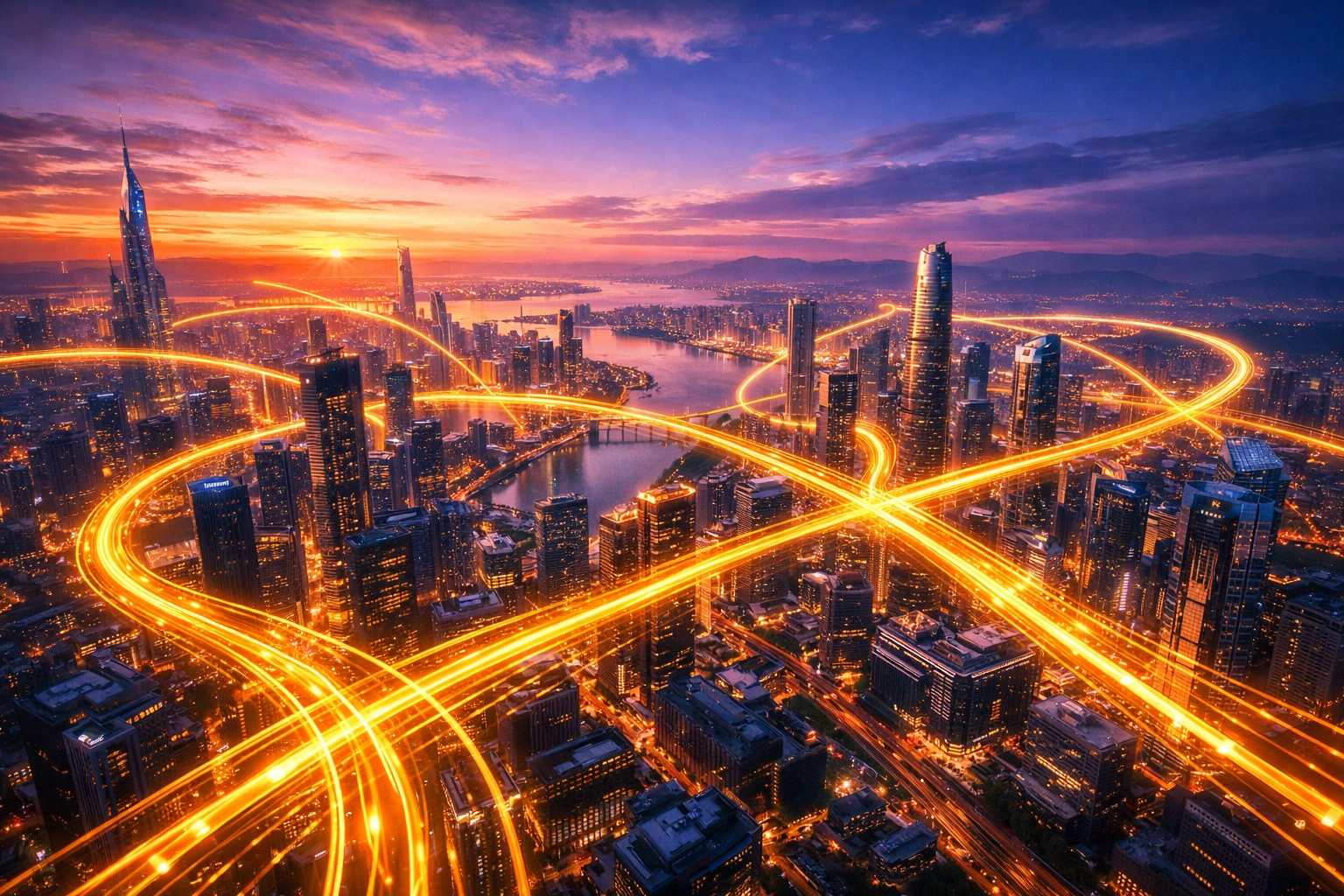 Modern smart city with glowing data lines representing the LareBlocks Layer 1 payment ecosystem.