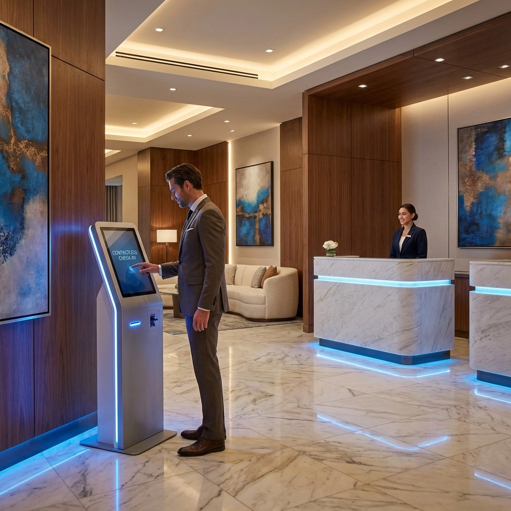 Luxury hotel guest using contactless check-in kiosk to securely verify identity with VeriNow technology.