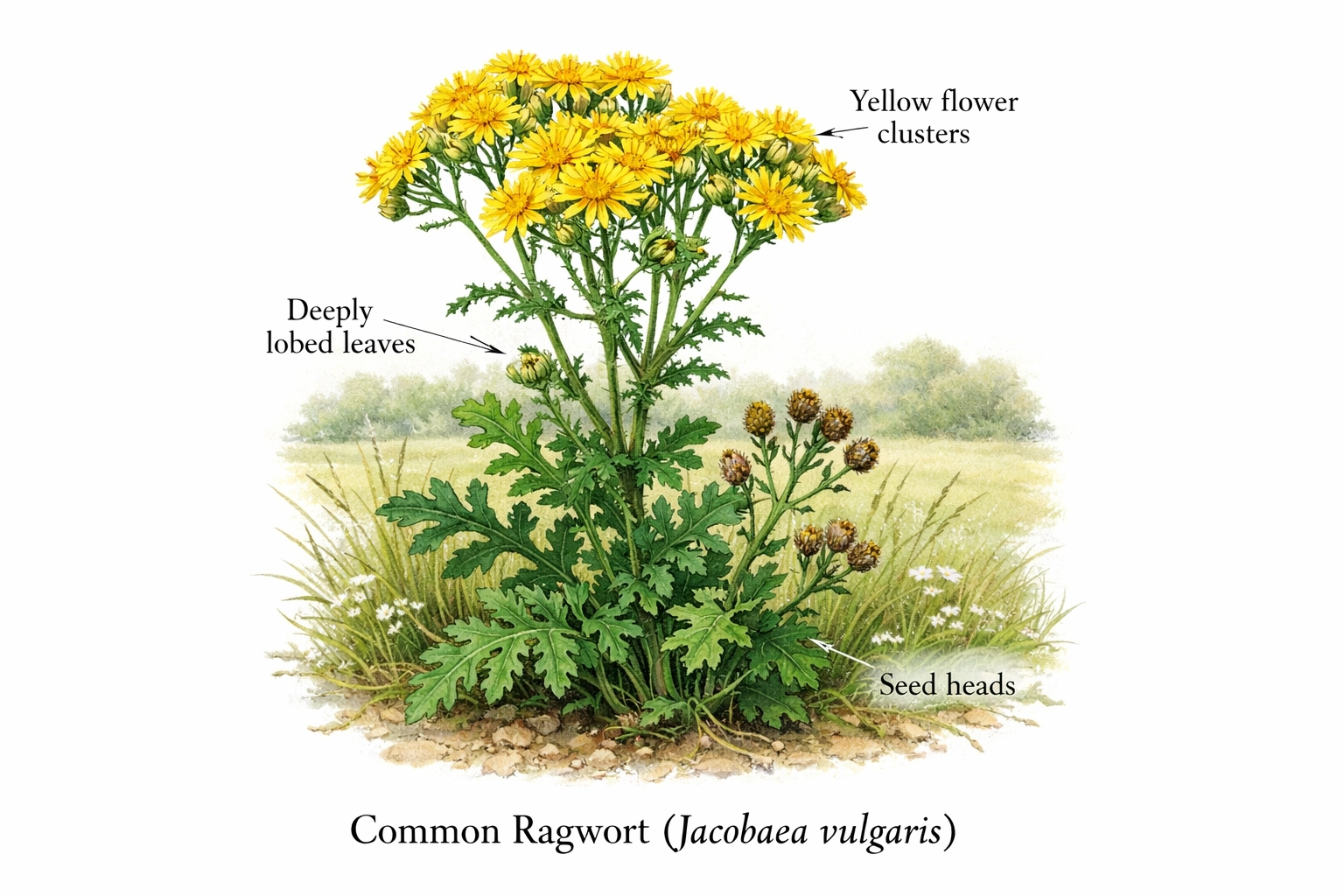 Common ragwort (Jacobaea vulgaris) with bright yellow flower clusters and deeply lobed leaves — key UK paddock ID features.