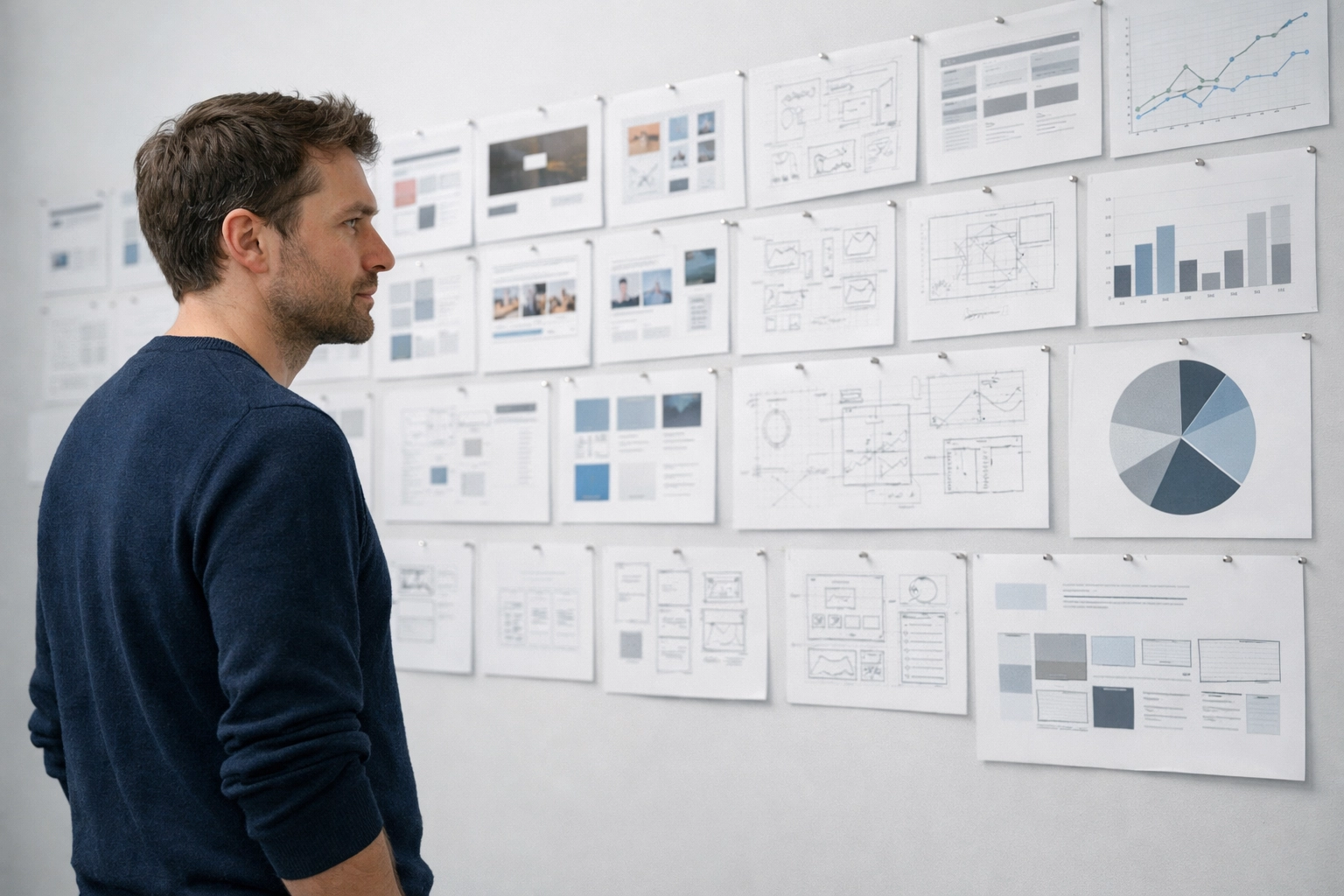 A professional reviewing data charts and creative mock-ups for AI-assisted content strategy and prototyping.