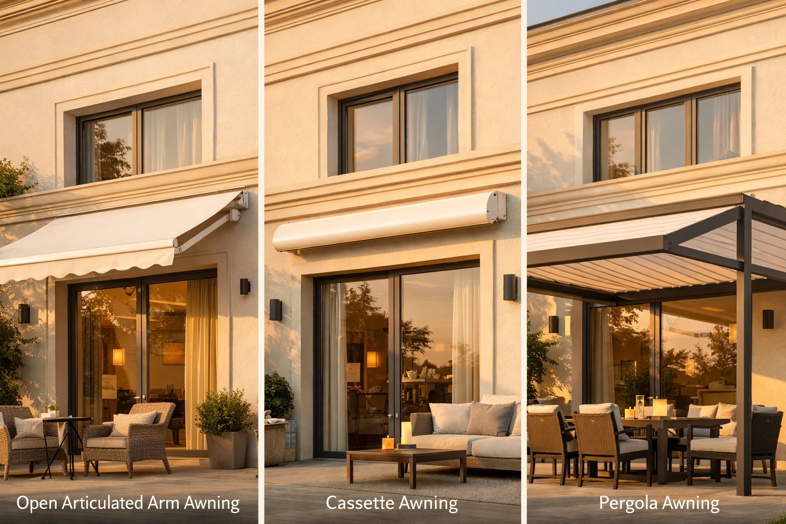 Vergleich verschiedener Markisentypen: Gelenkarm, Kassetten und Pergola-Markise