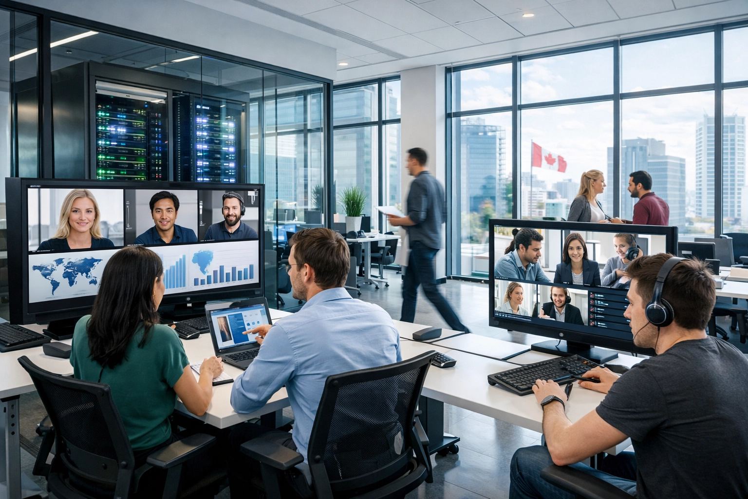 Modern tech office in Canada using high-speed internet for video conferencing and cloud connectivity.