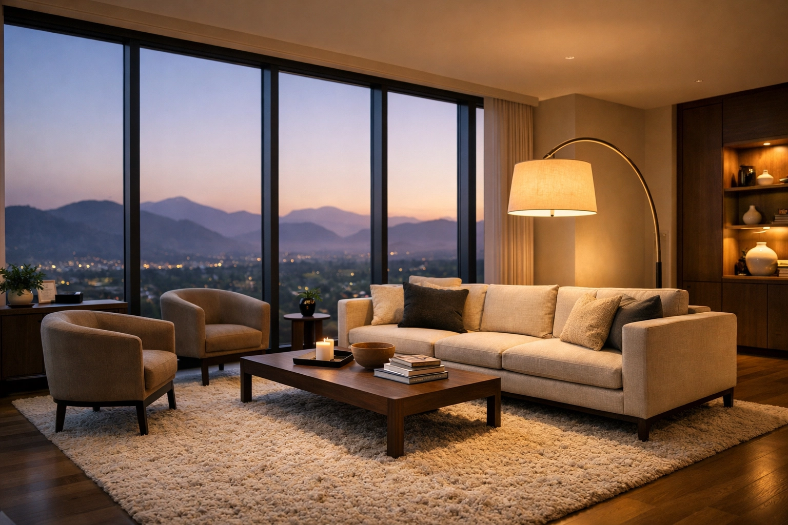 Sophisticated Denver condo living room with mountain views, perfect for empty nesters right-sizing their lifestyle.