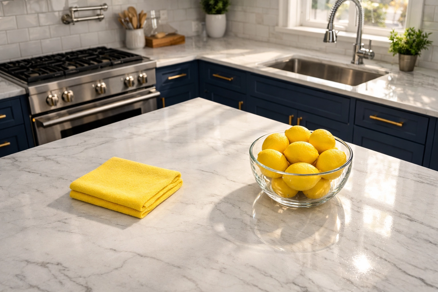 A clean kitchen with marble counters and a yellow microfiber cloth for House Cleaning Lowell MA.