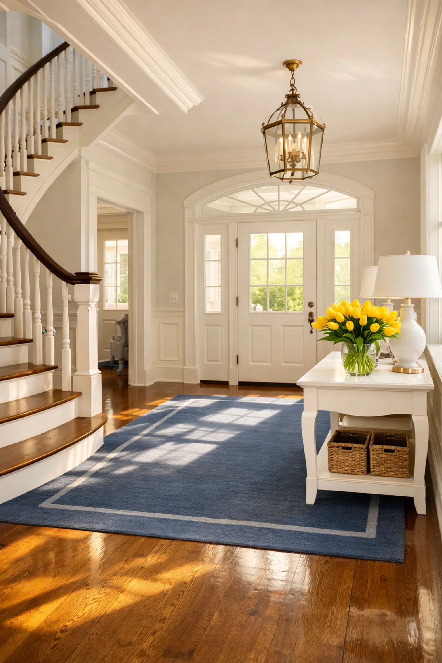 Clean and inviting sun-drenched foyer in a Wellesley colonial home after bi-weekly house cleaning.