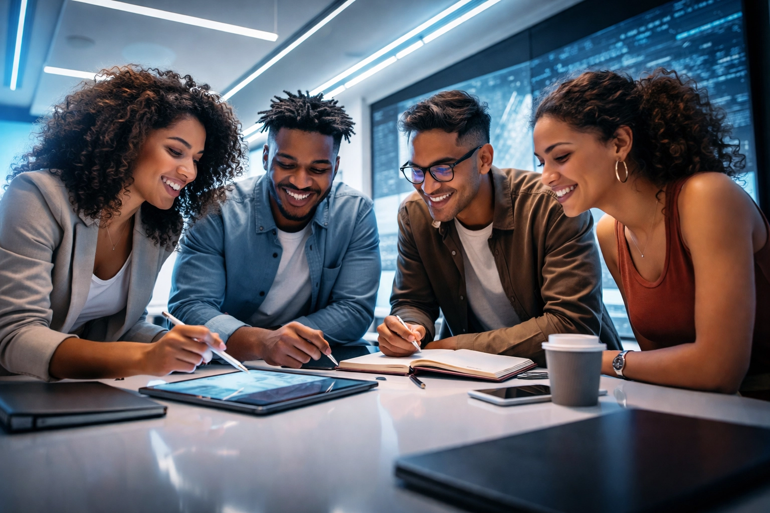 Diverse team of Black and Hispanic professionals collaborating in a futuristic office, representing Christian leadership, teamwork, and personal growth.