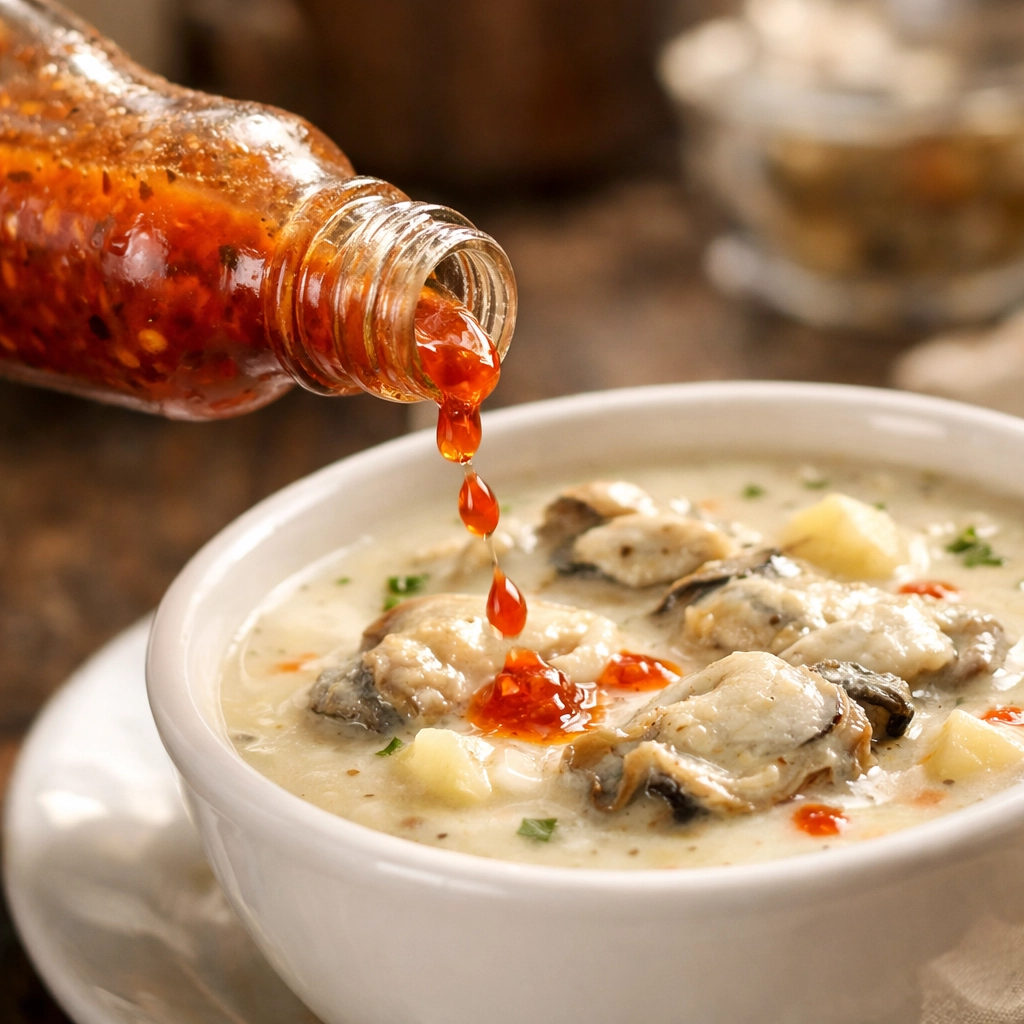 Housemade hot sauce being drizzled into bowl of creamy oyster stew