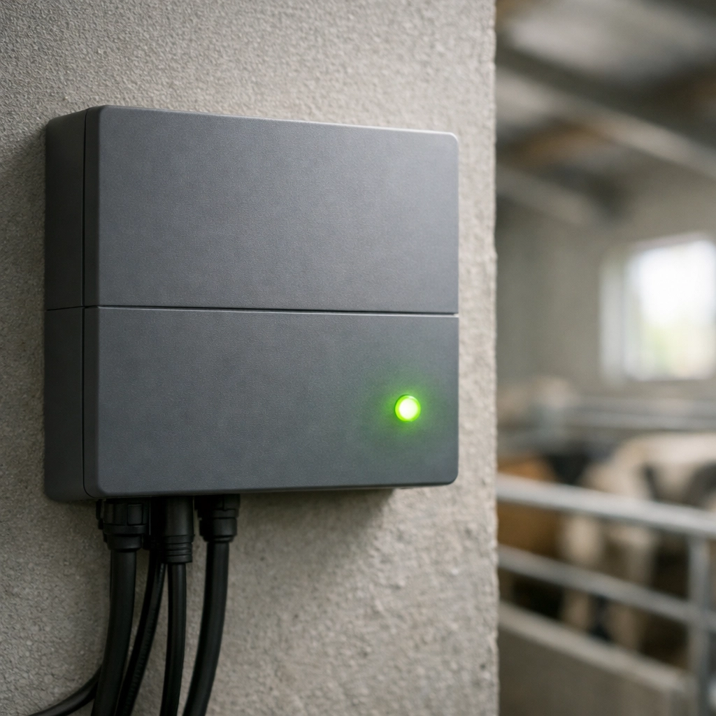 Module de surveillance IP avec indicateur de connexion heartbeat pour bâtiment d'élevage.