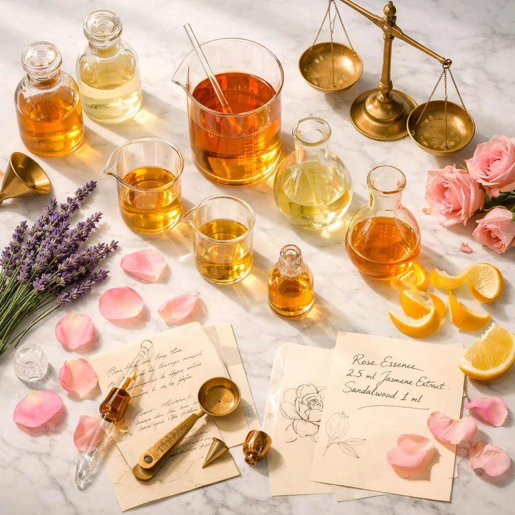 Perfume chemistry lab with glass beakers and botanical ingredients for fragrance formulation