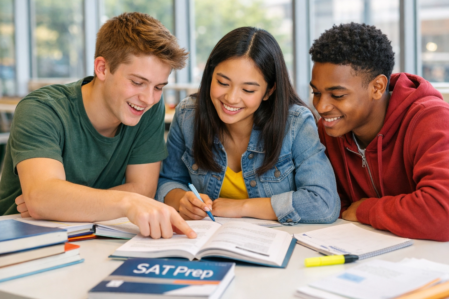 High school students collaborating on SAT vocabulary practice at library table