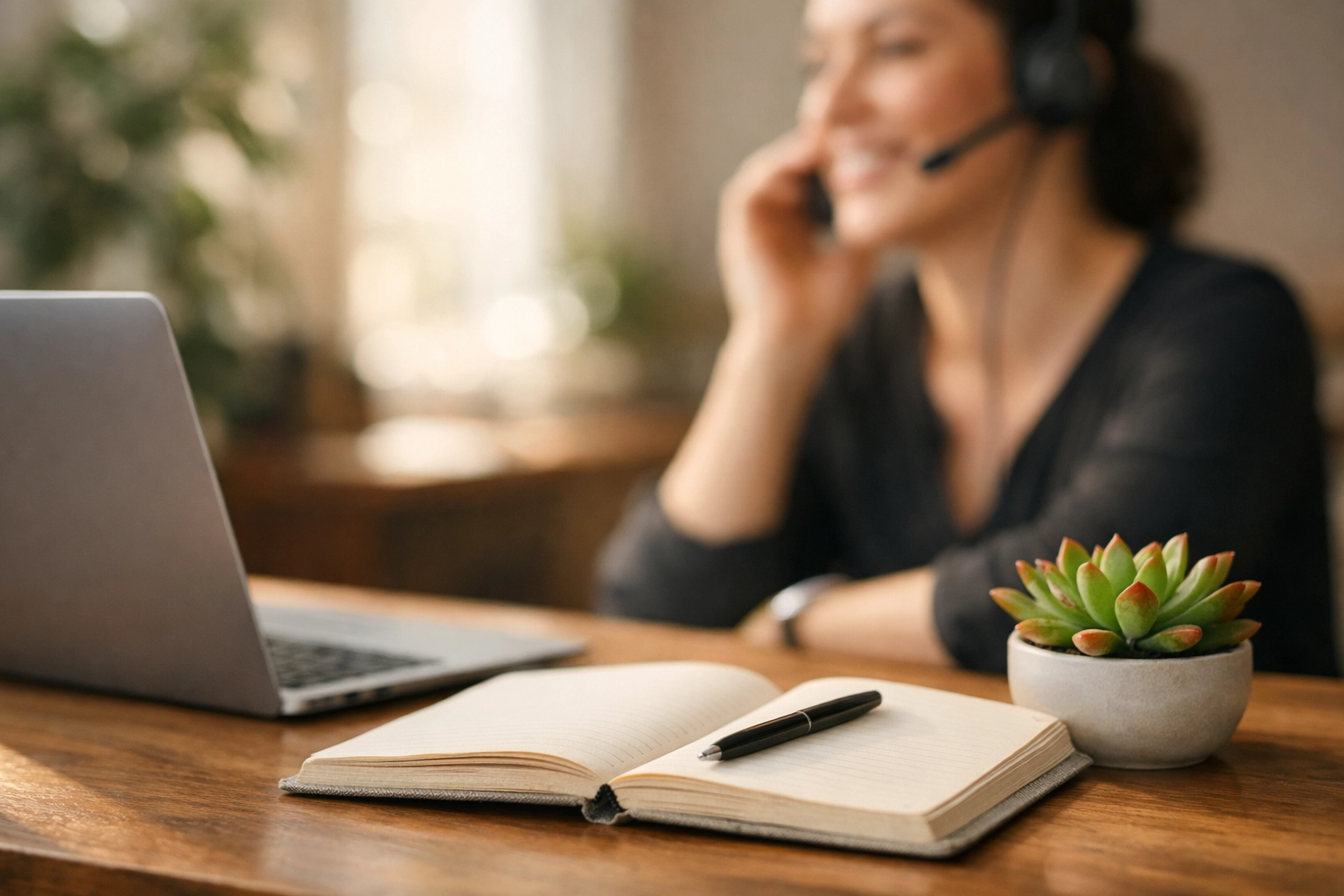 Virtual assistant in a modern workspace providing remote operational support for startups using AI tools.