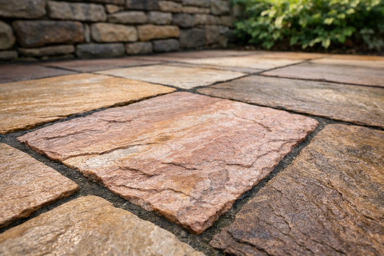 Textured Indian sandstone paving slabs featuring natural riven surface and warm earthy colors.