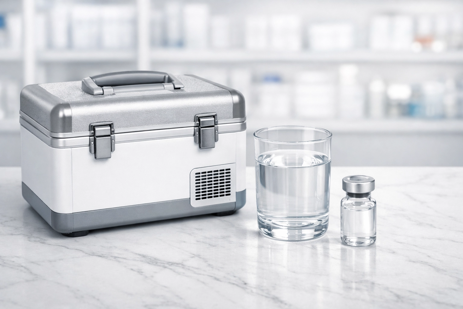 A professional medical vial and cooling kit, representing safe and supervised compounded Tirzepatide.