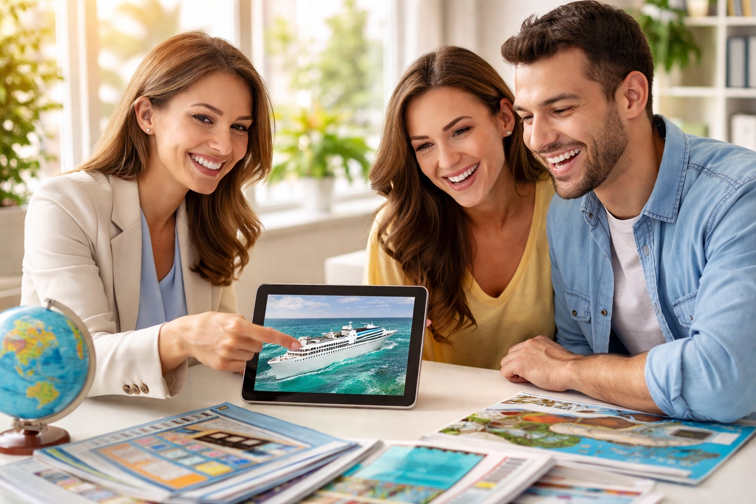 Travel agent helping an excited couple plan a cruise, showing expert guidance and personal service