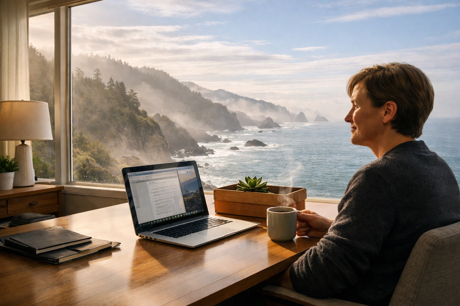 Relaxed Oregon business owner reviewing clean books on a laptop, replacing the old shoebox method.
