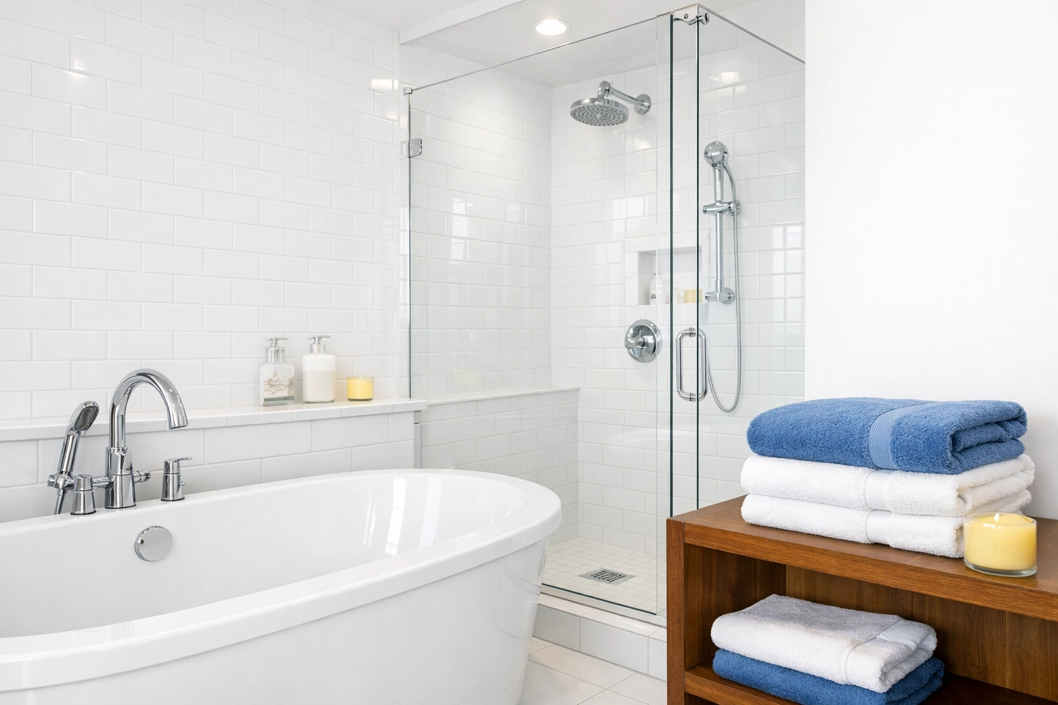Sanitized luxury bathroom with white subway tiles, perfect for move-in house cleaning Sterling MA.
