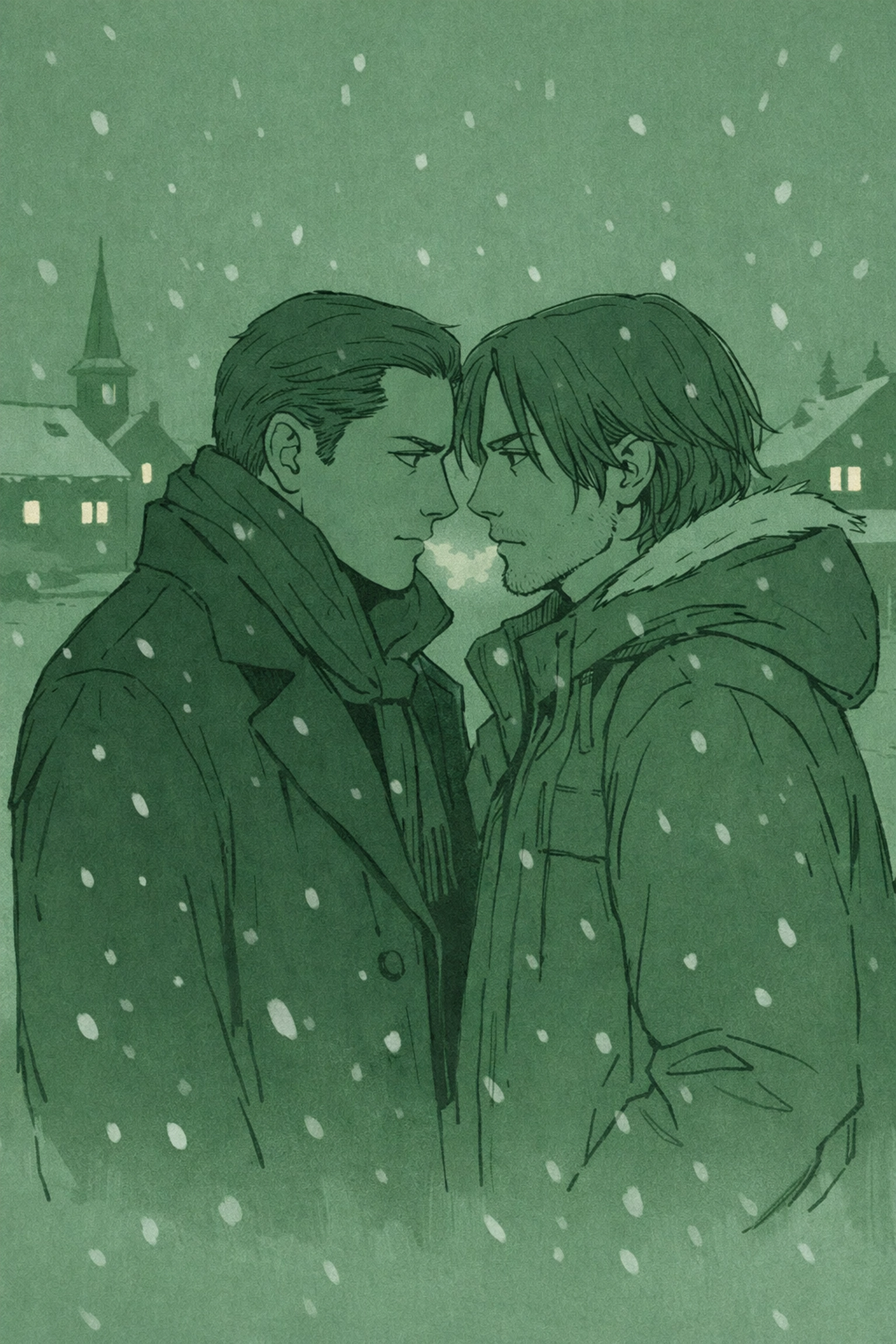 Detective and suspect share tense moment in snowy Quebec village - gay thriller MM romance