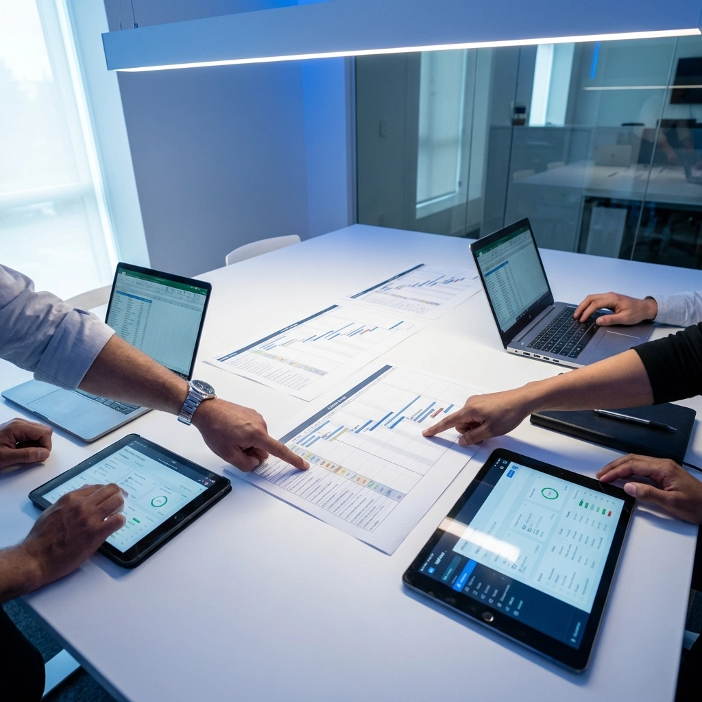 Executive team collaborating on project timelines, emphasizing SAP migration workforce strategy