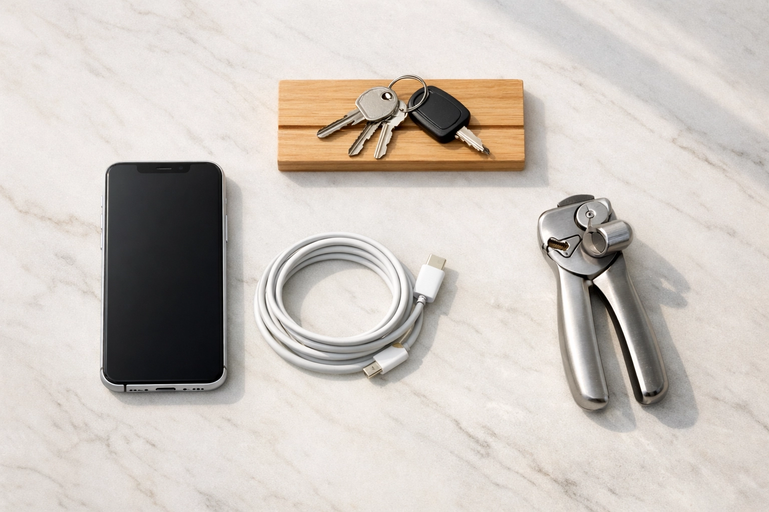 Organized workspace with everyday essentials: phone charger, keys, and kitchen tools on clean desk