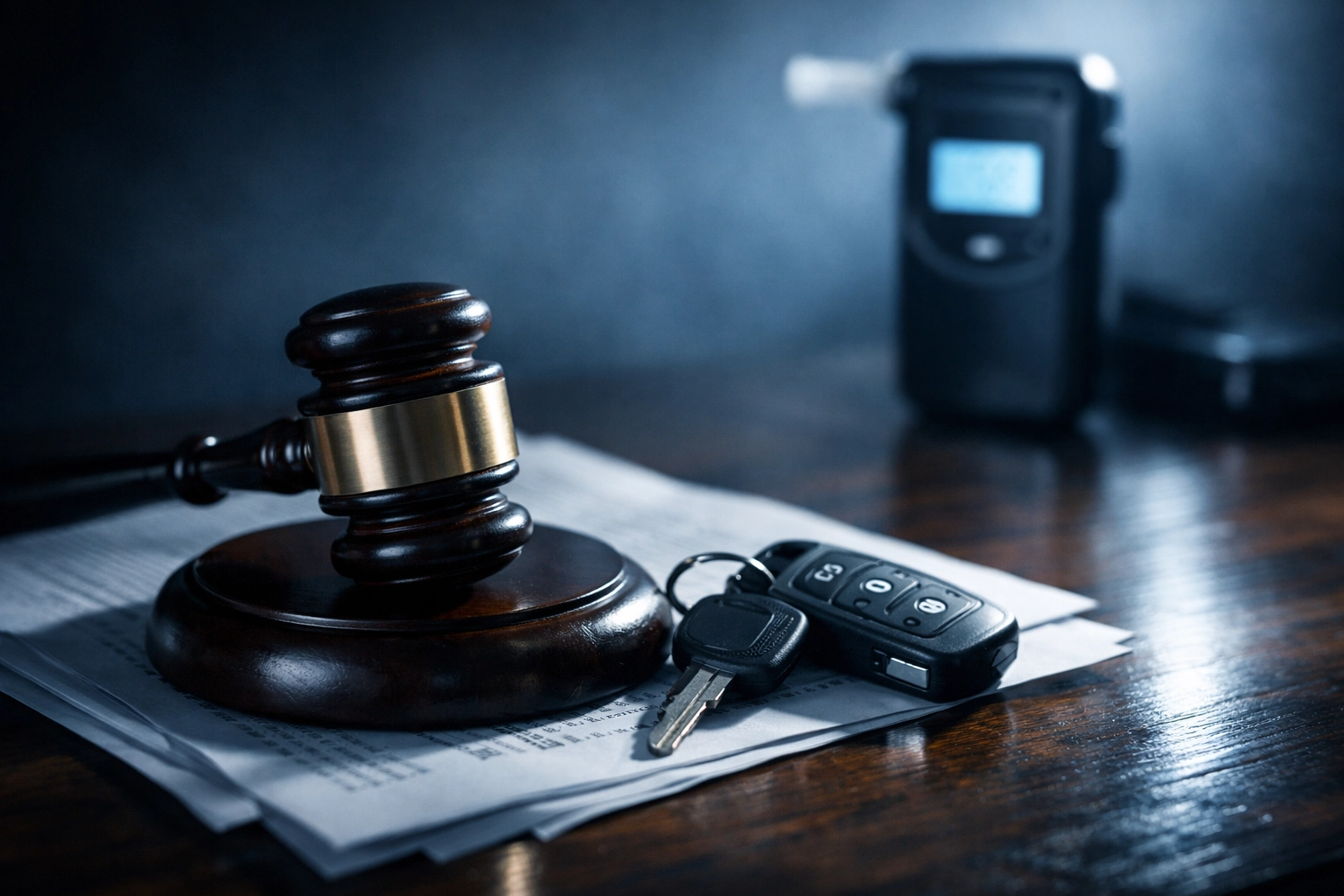 Gavel and car keys on legal documents representing DUI charges and consequences in Virginia