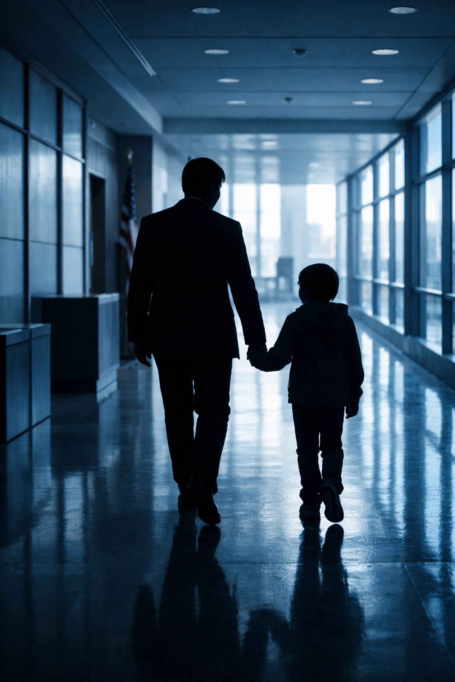 Parent and child walking through Hampton Roads courthouse during custody case