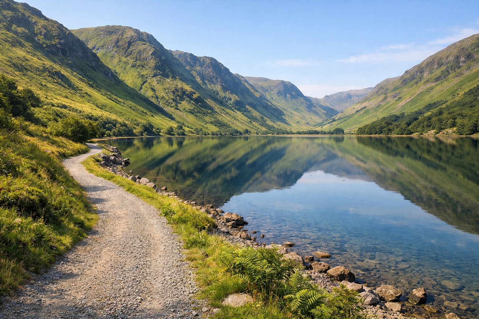 Scenic gravel hiking trail along a calm lake in the Lake District, perfect for guided walks and all skill levels.