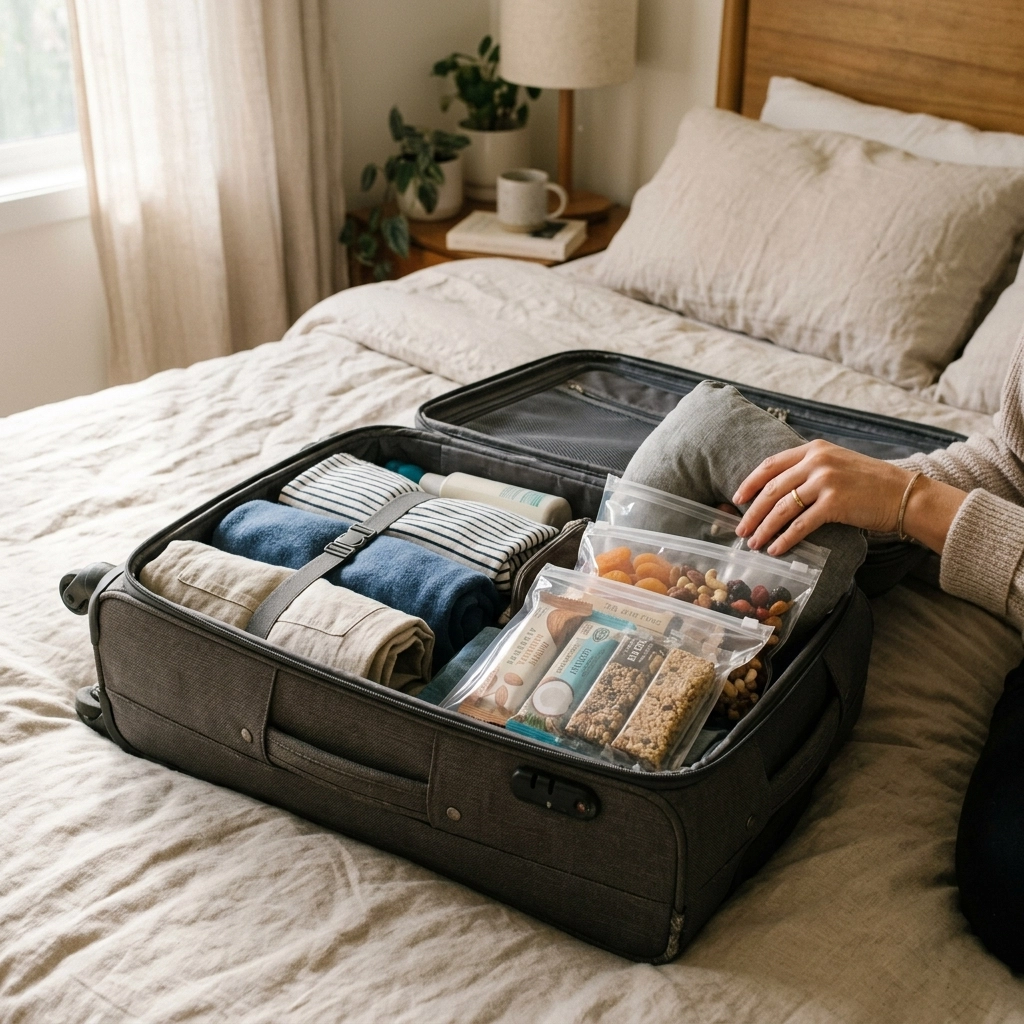 An authentic, natural photo of an open suitcase being packed with gluten-free snacks.
