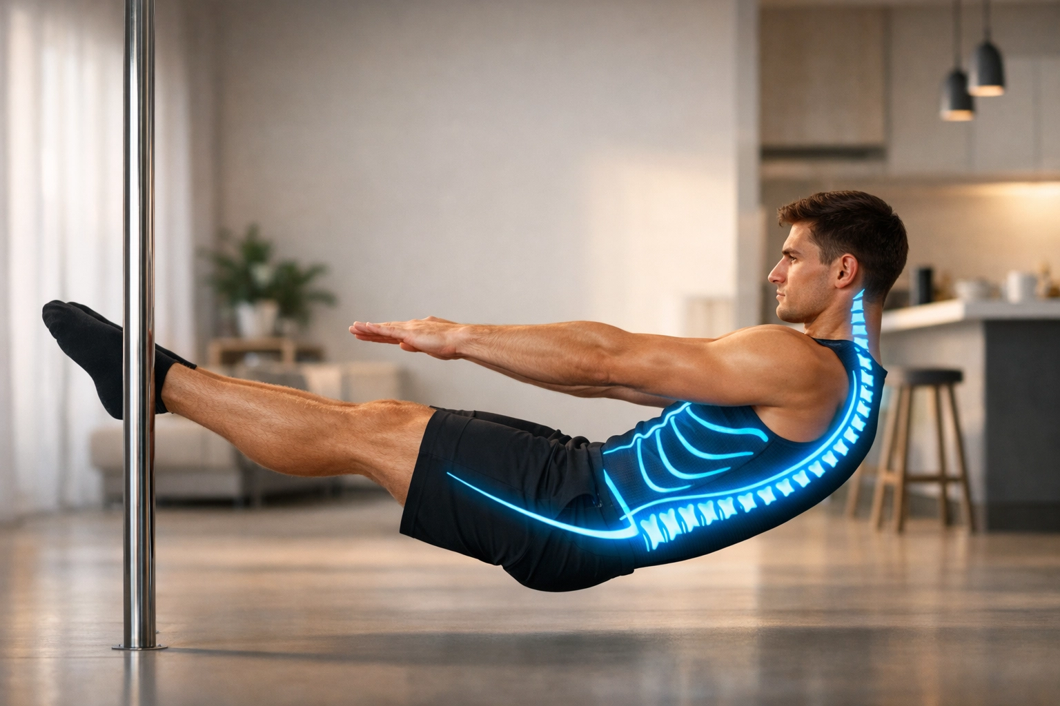 Gymnast practicing perfect form on a Resistance Rail floor to ceiling gym system.