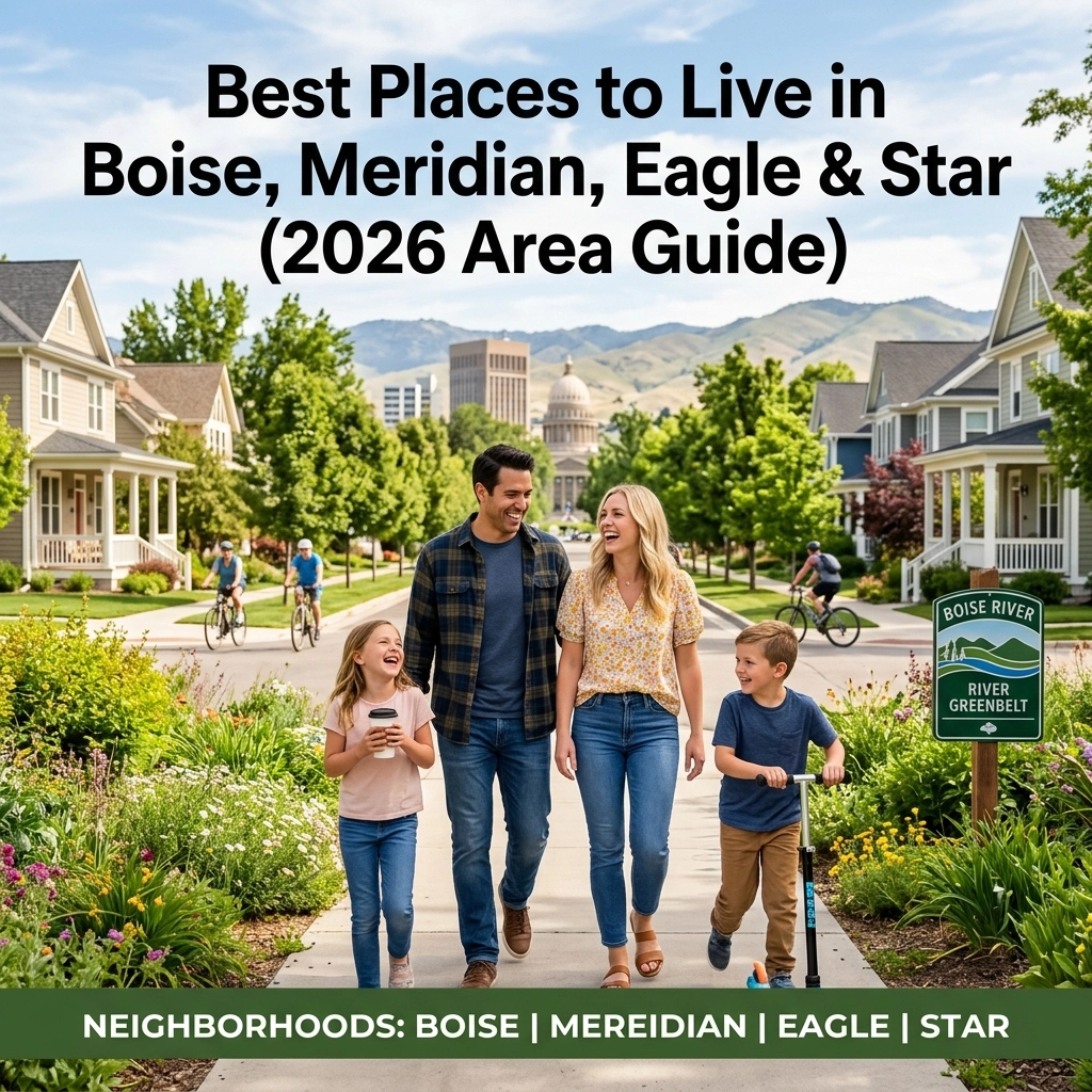 Couple biking on the Boise River Greenbelt with scenic foothills, showcasing the active Boise Idaho lifestyle. A scenic view of the Boise skyline with the foothills in the background, representing the Treasure Valley lifestyle.