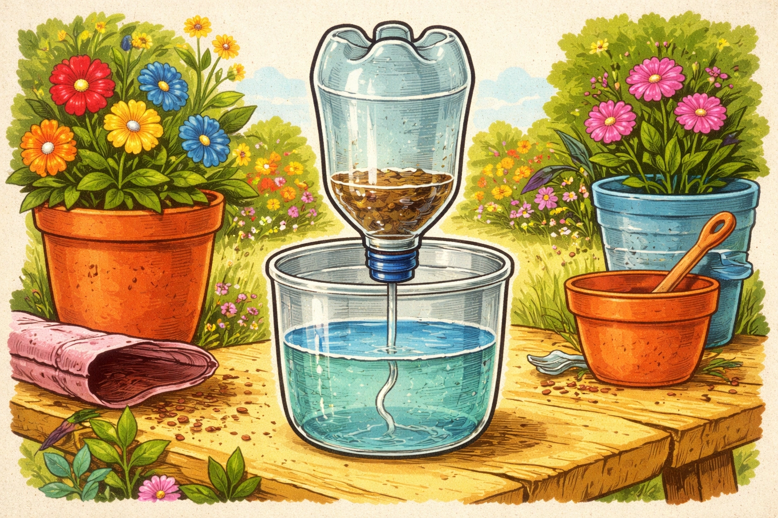 Whimsical 1950s storybook-style illustration of a 2-liter bottle hydroponic garden being assembled with the top funnel placed into the bottom reservoir