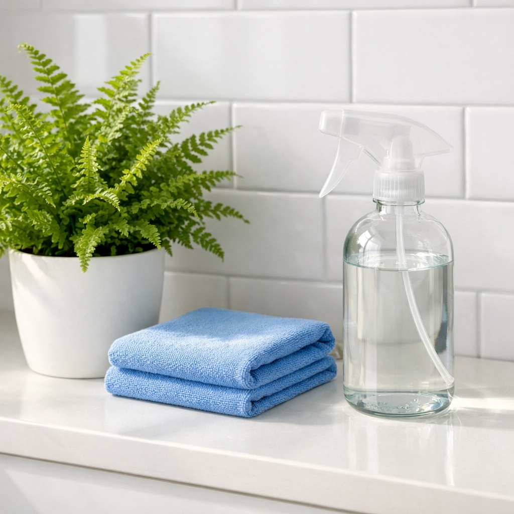 Fresh, eco-friendly bathroom cleaning service in Sherborn featuring a clean vanity and greenery.