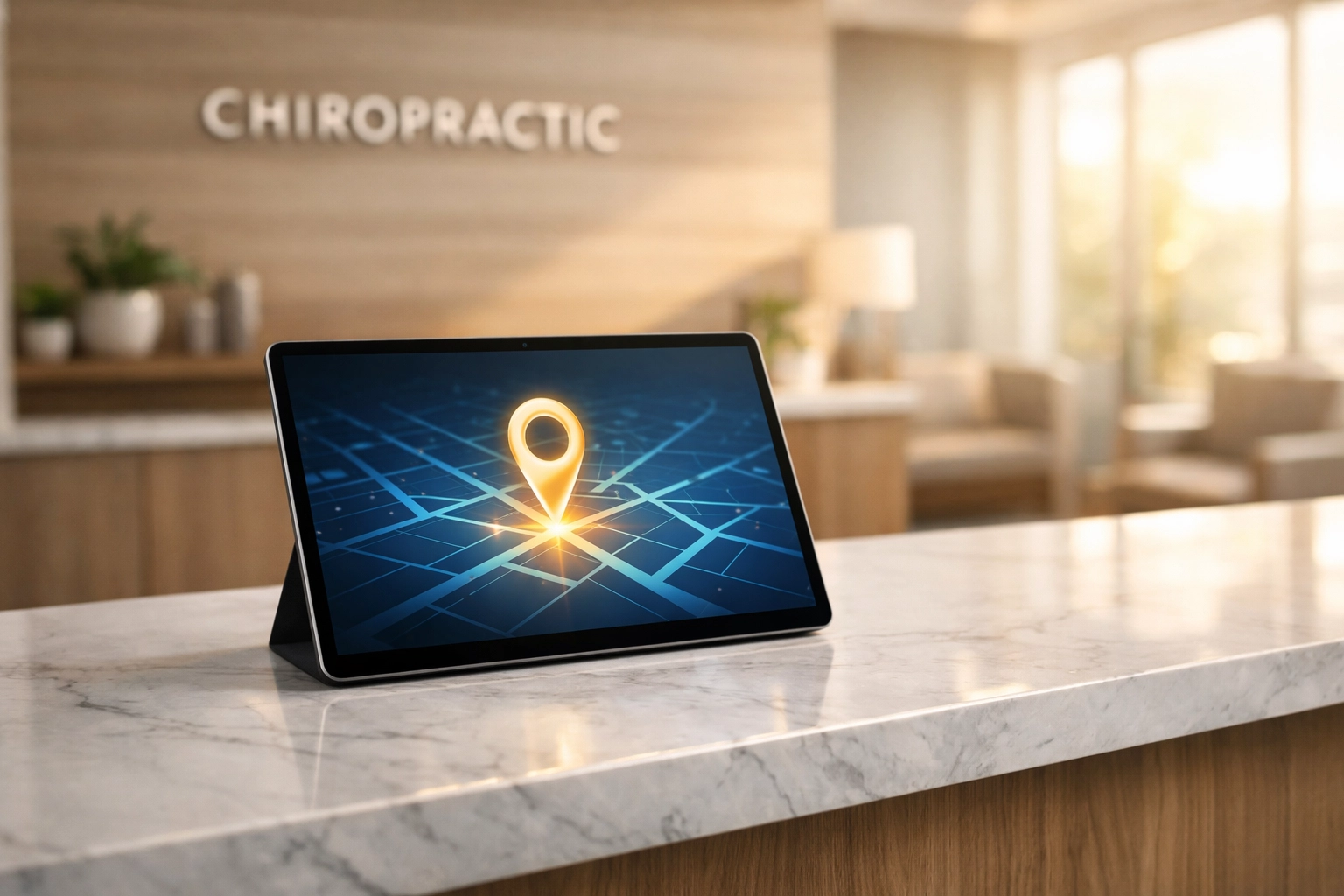 Modern chiropractic clinic reception desk with a digital map pin showing local SEO optimization.
