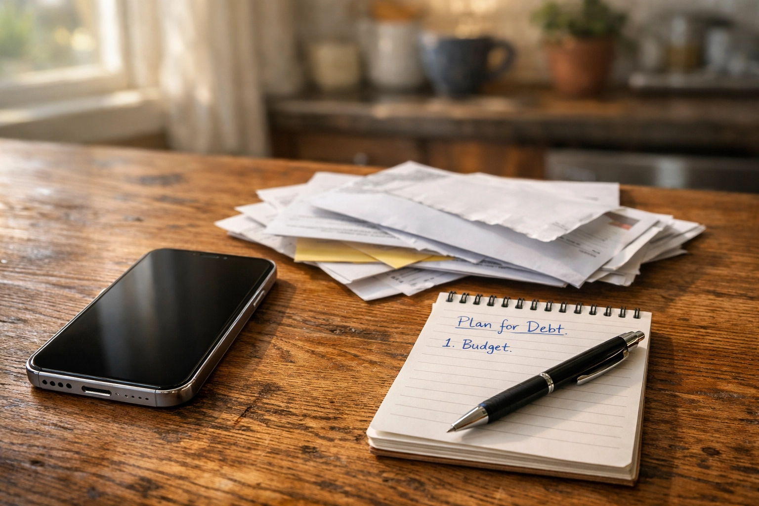 Smartphone and mail on a Nashville kitchen table, the first step to stop foreclosure and contact a lender.