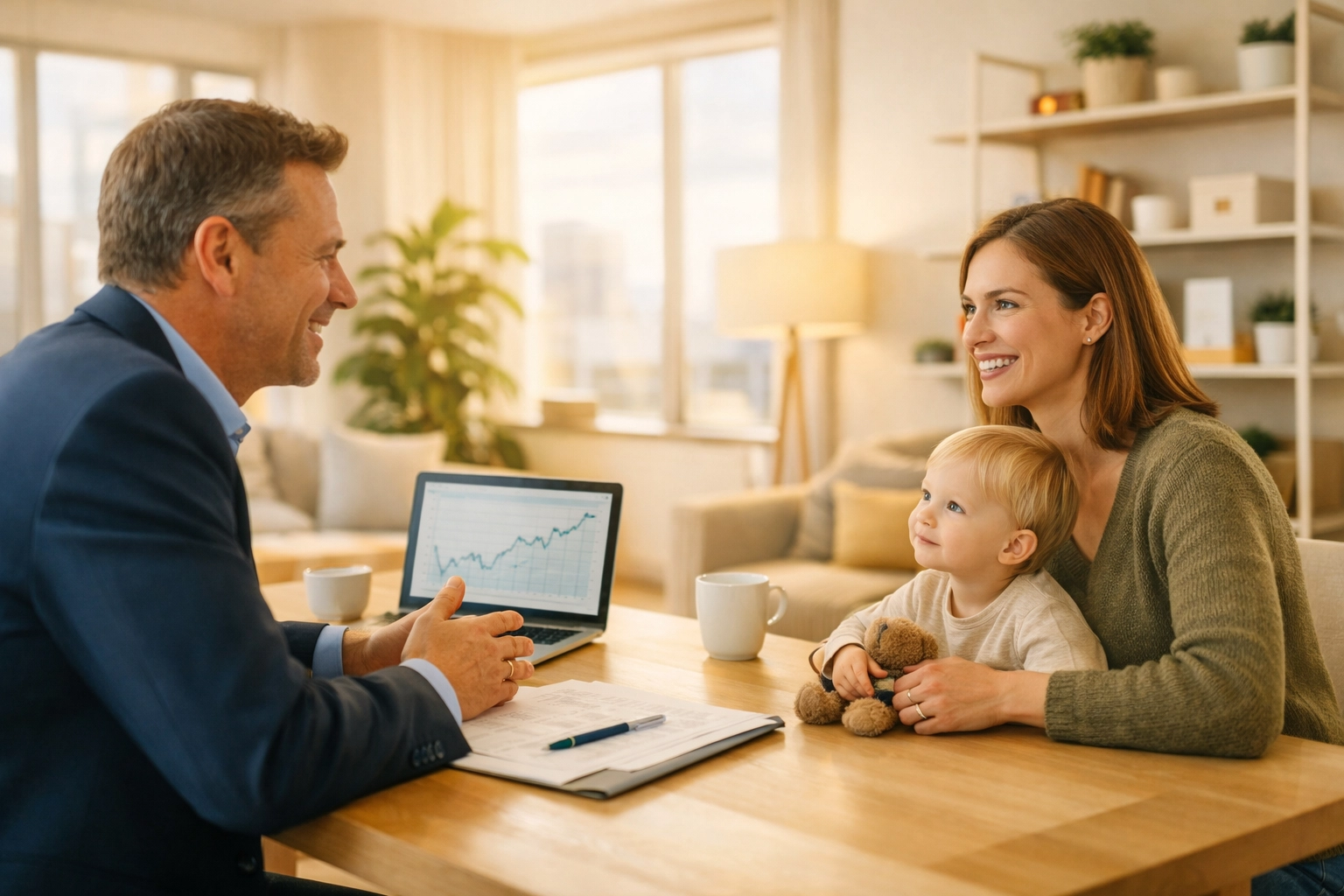 A tax professional explaining child savings account benefits to a young parent.